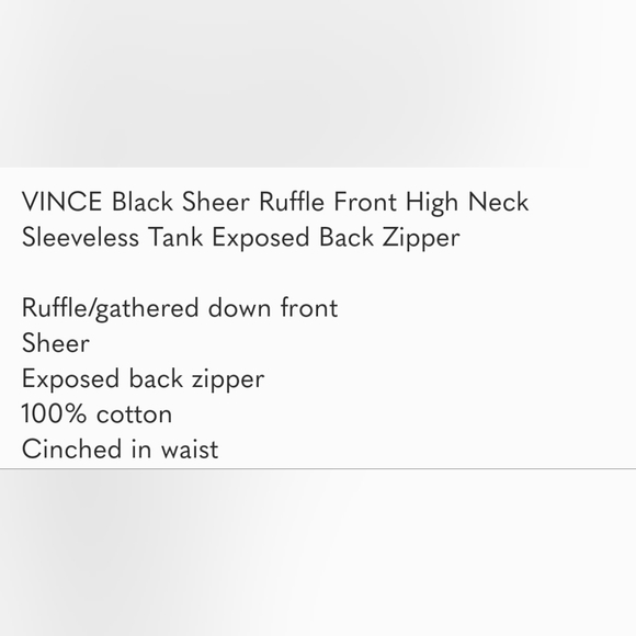 VINCE Black Sheer Ruffle Front High Neck Sleeveless Tank Exposed Back Zipper Sz6 - Picture 4 of 4